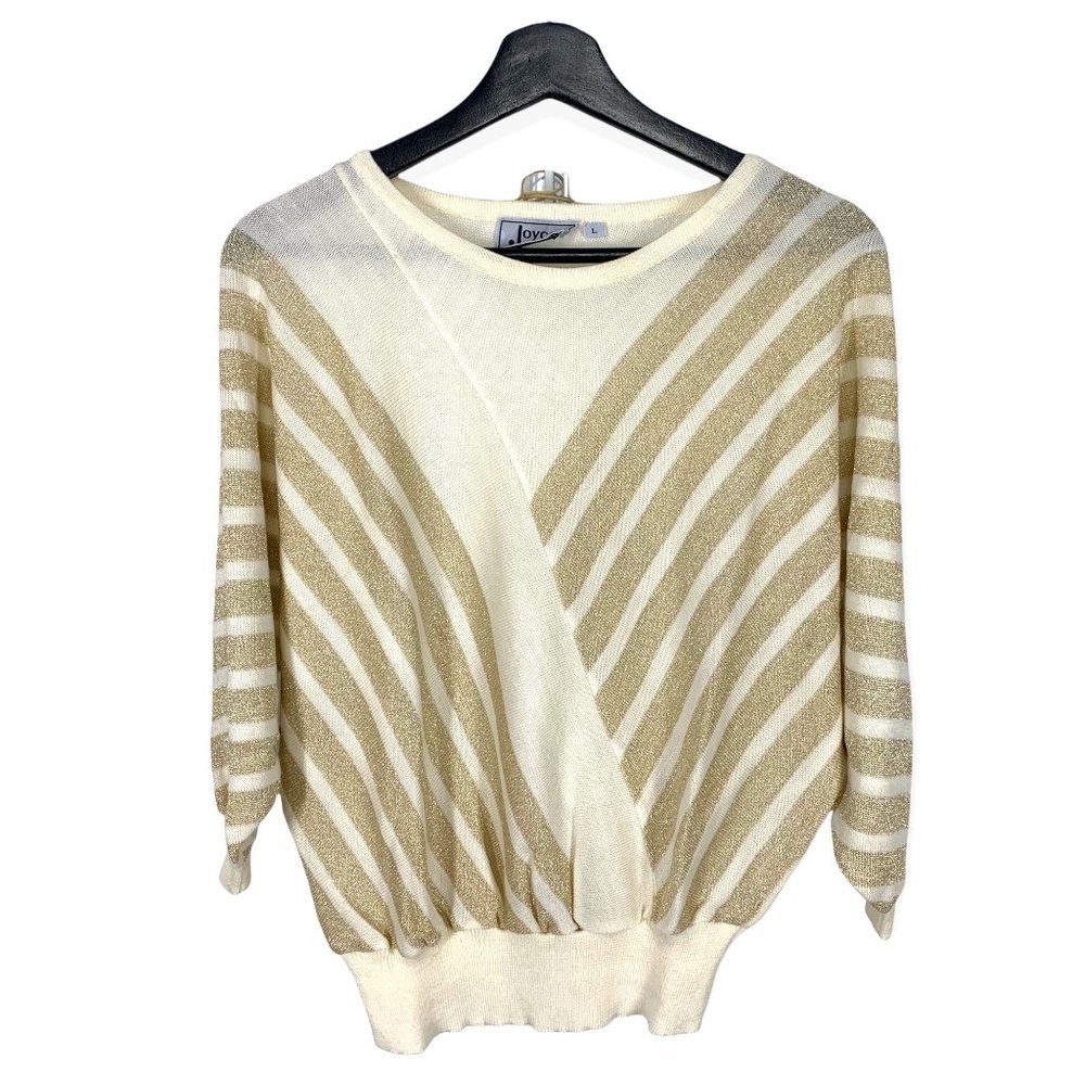 Vintage 80s Gold Cream Diagonal Stripe Dolman Sleeve Metallic Top Large